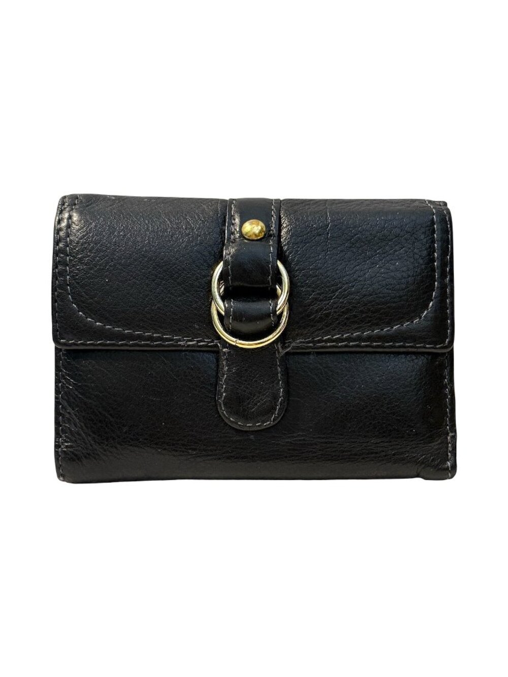 Stone Mountain Black Pebbled Leather Trifold Wallet Flap Gold Double Ring Tab